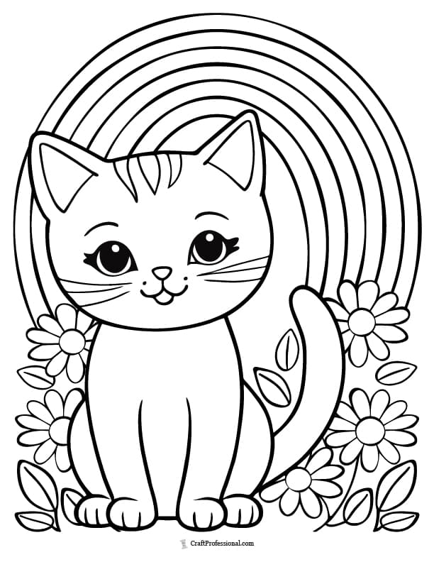 Cute kitten in a flower garden with a rainbow coloring page
