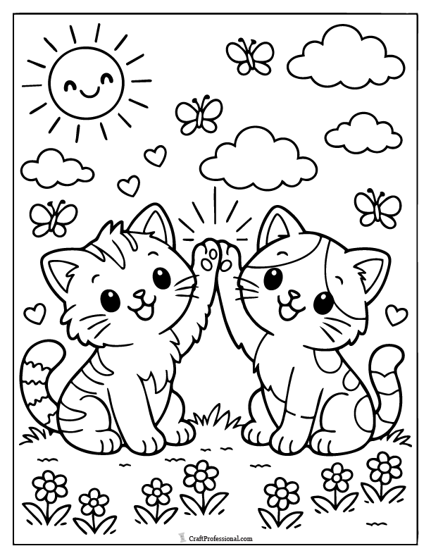 Two kittens high-fiving coloring page, cute printable cat coloring page
