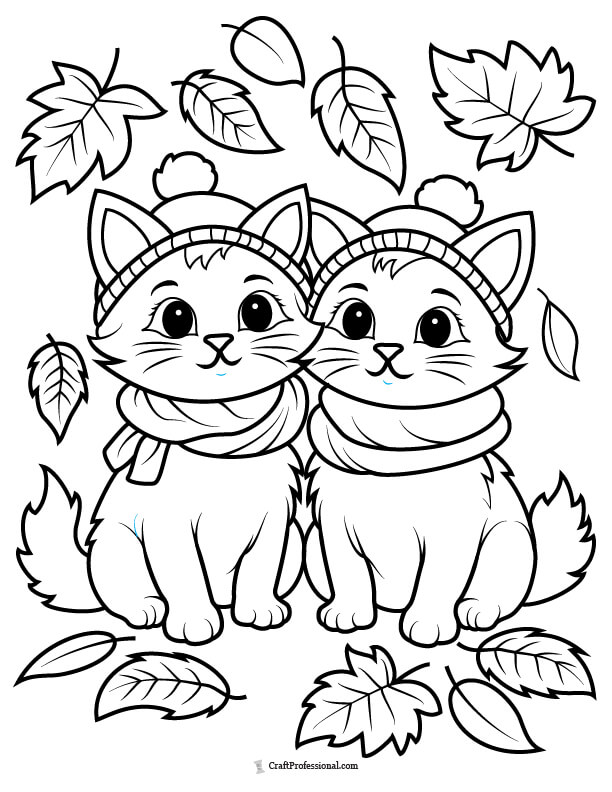 Two cute kittens wearing scarves and hats amid fall leaves coloring page