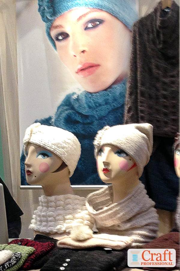 Knit hats and scarves displayed on mannequins Knit hats and scarves displayed on mannequins