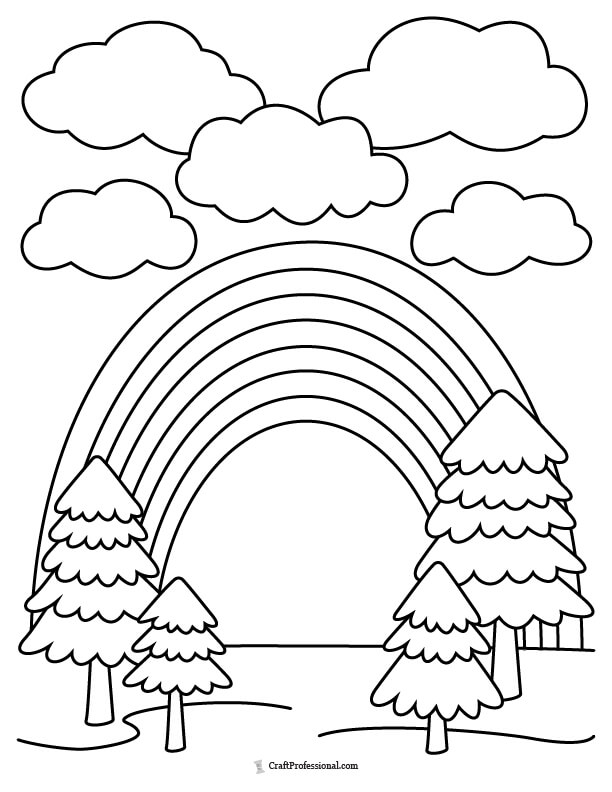 Landscape with trees and a rainbow coloring page