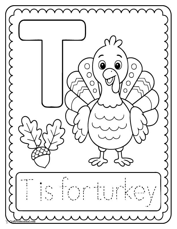 Letter T is for turkey coloring page with a turkey illustration.