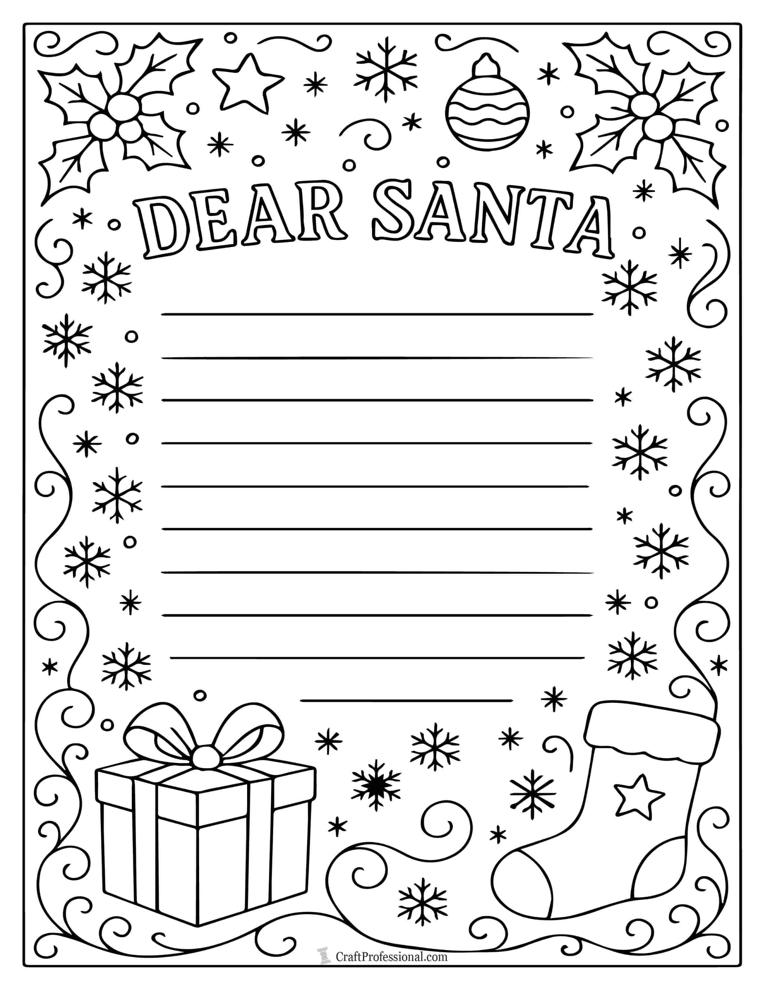 Printable letter to Santa template with ornate frame to color.