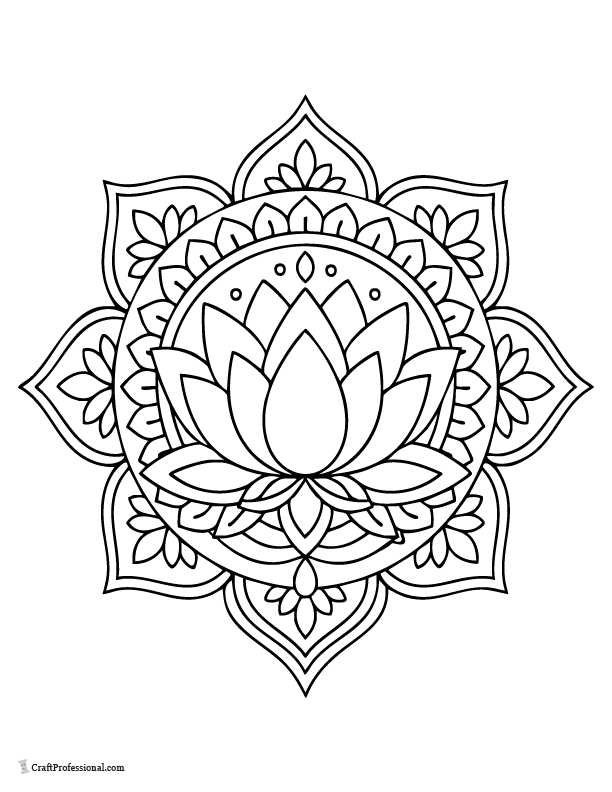 Lotus blossom mandala coloring page with layered petals.