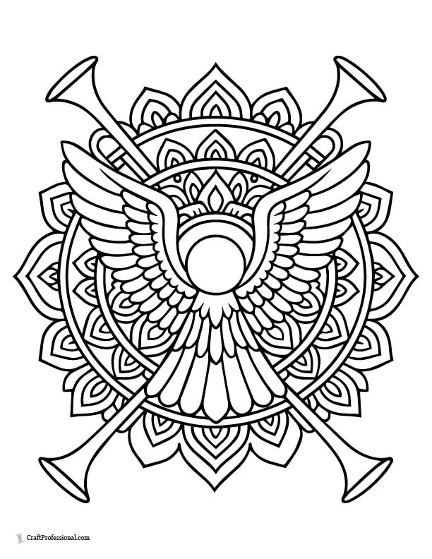 Angel-wing patterned mandala with trumpet details coloring page.