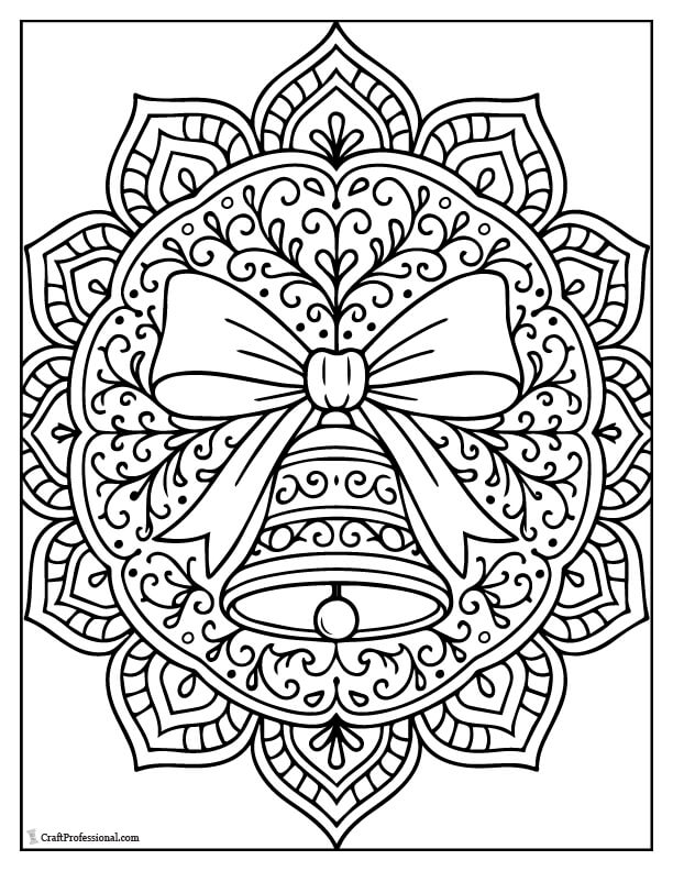 Bell-and-bow symmetrical mandala coloring page