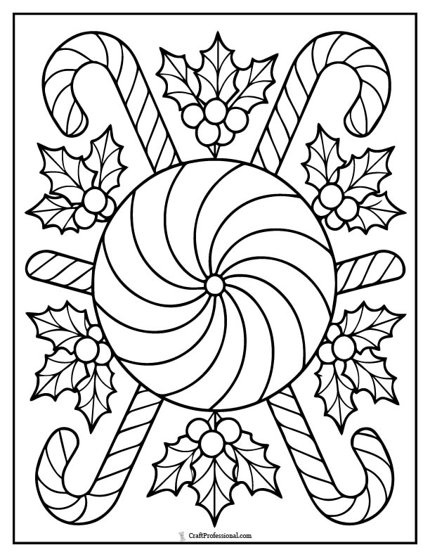 Peppermint swirl mandala with candy canes and holly leaves coloring page.