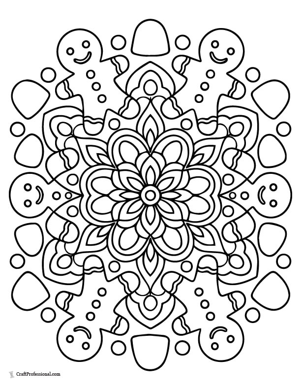 Gingerbread and gumdrop mandala pattern coloring sheet.