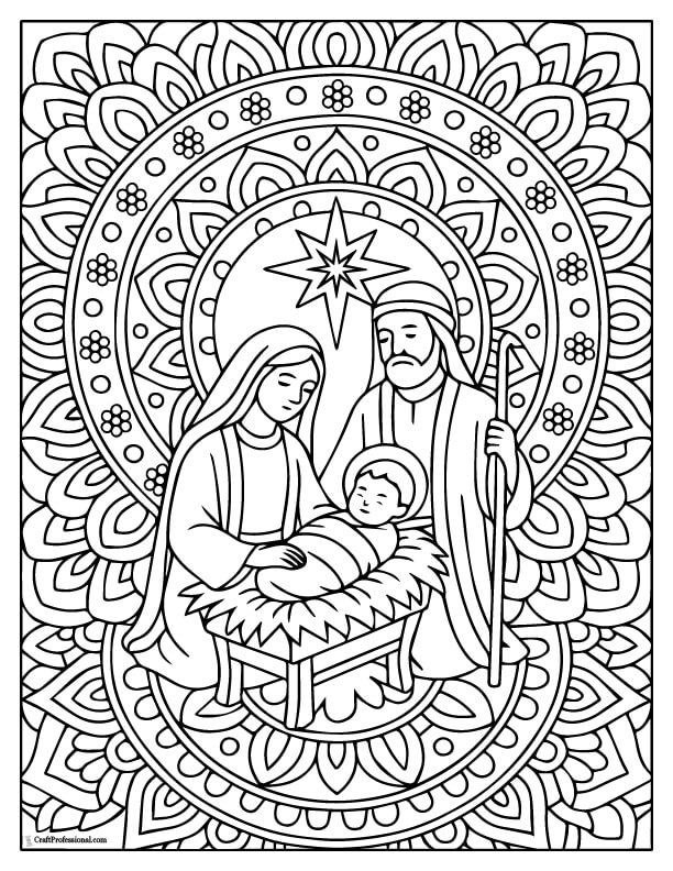 Nativity scene embedded within mandala style details coloring sheet