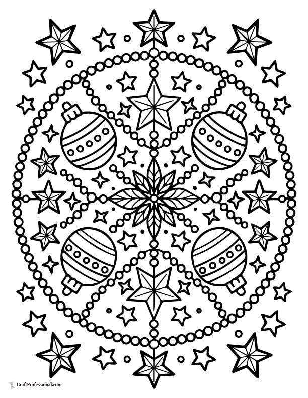 Mandala of Christmas baubles, stars, and garlands coloring page