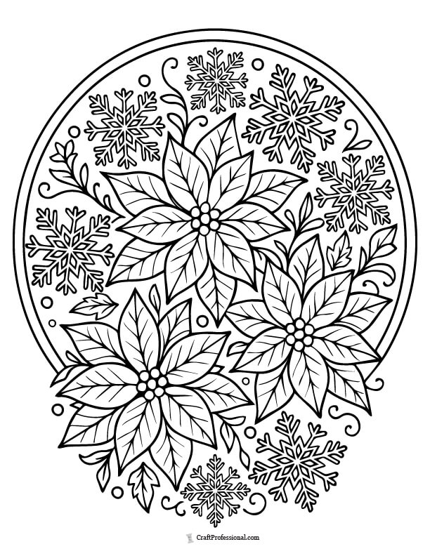 Mandala with poinsettias and snowflakes intertwined detailed coloring page