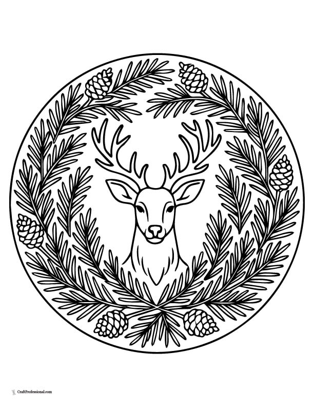 Circular reindeer wreath with pine branches mandala to color