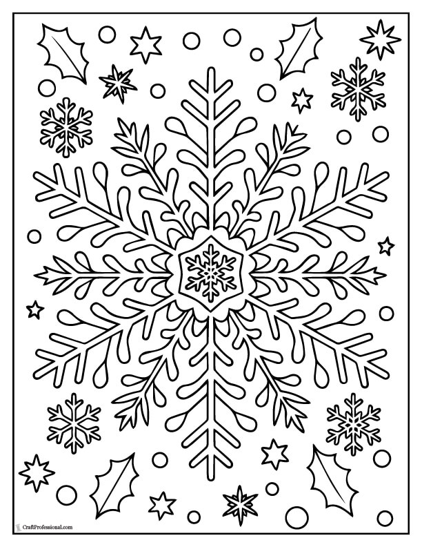 Snowflake mandala with winter-themed geometric designs to color