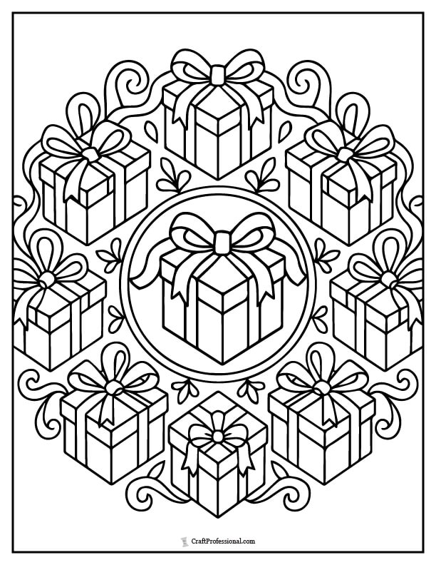 Mandala of wrapped gifts and ribbons to color