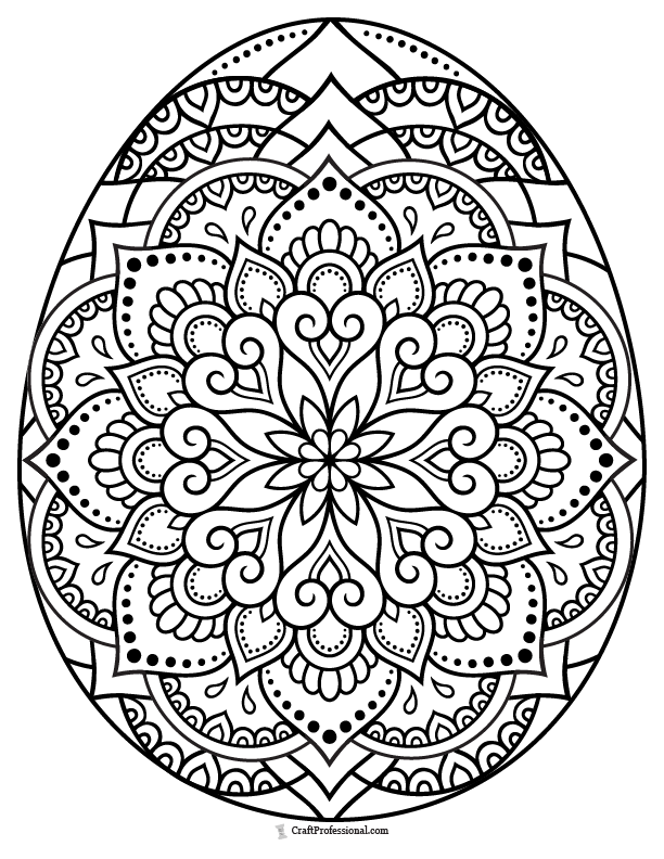 Easter egg with a detailed floral mandala pattern, coloring page.