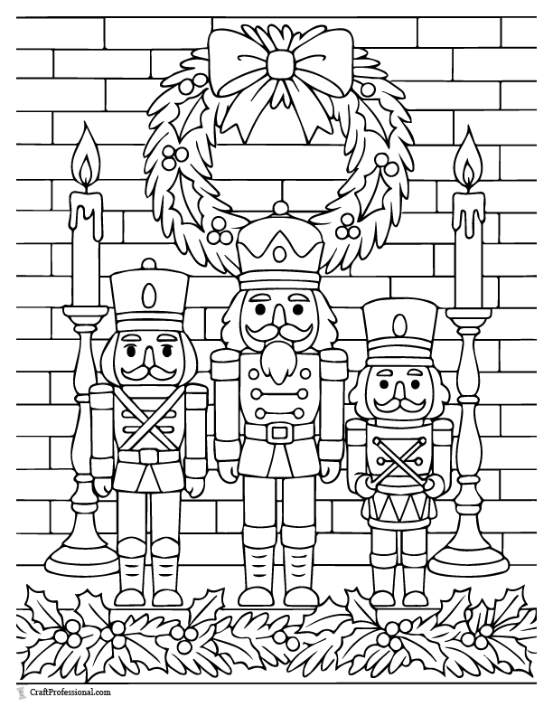 Mantel with candles Christmas nutcrackers, coloring page.