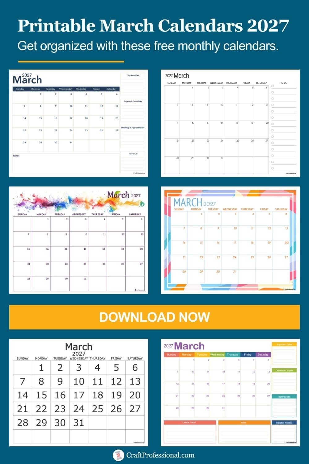 Printable March 2027 calendar with a clean monthly layout and space for planning appointments, tasks, and important dates.