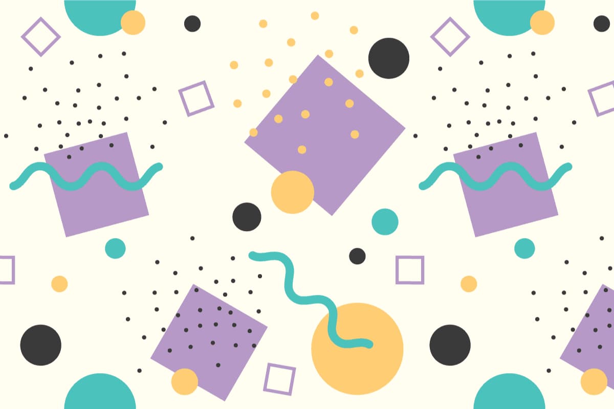 Memphis style pattern with bright colors, graphic shapes, and squiggles.