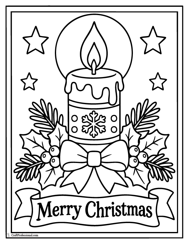Christmas candle coloring page with a Merry Christmas greeting.
