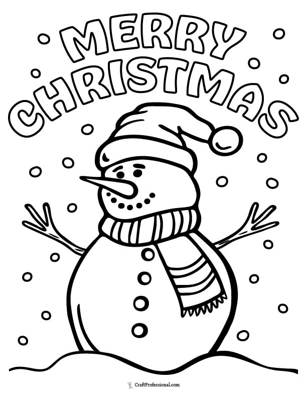 Snowman surrounded by snow with text Merry Christmas coloring page