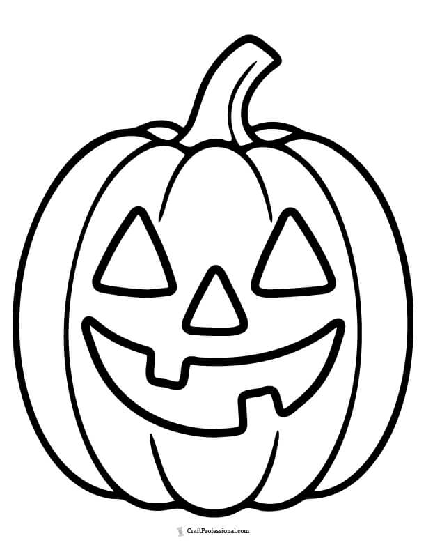 Friendly, smiley jack o'lantern with 3 large shapes for eyes, nose, and mouth, coloring page