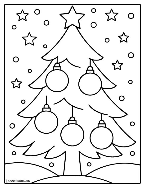 Minimal Christmas tree with big ornaments, coloring page.