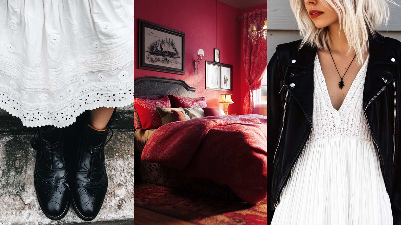Modern and edgy trend for 2025 - White flowing dress with black moto boots, cozy cherry red bedroom decor, white boho style dress with black leather moto jacket.