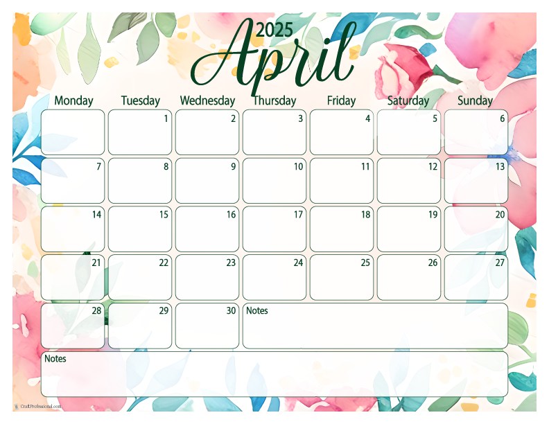 April 2025 printable calendar, Monday start, floral design