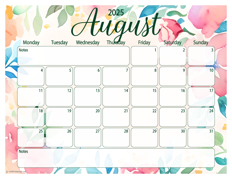 August 2025 printable calendar, Monday start, floral design