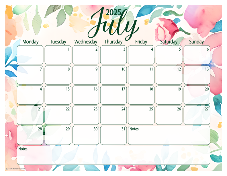 Blank Printable July Calendar