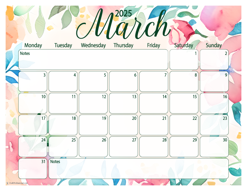 March 2025 printable calendar, Monday start, floral design