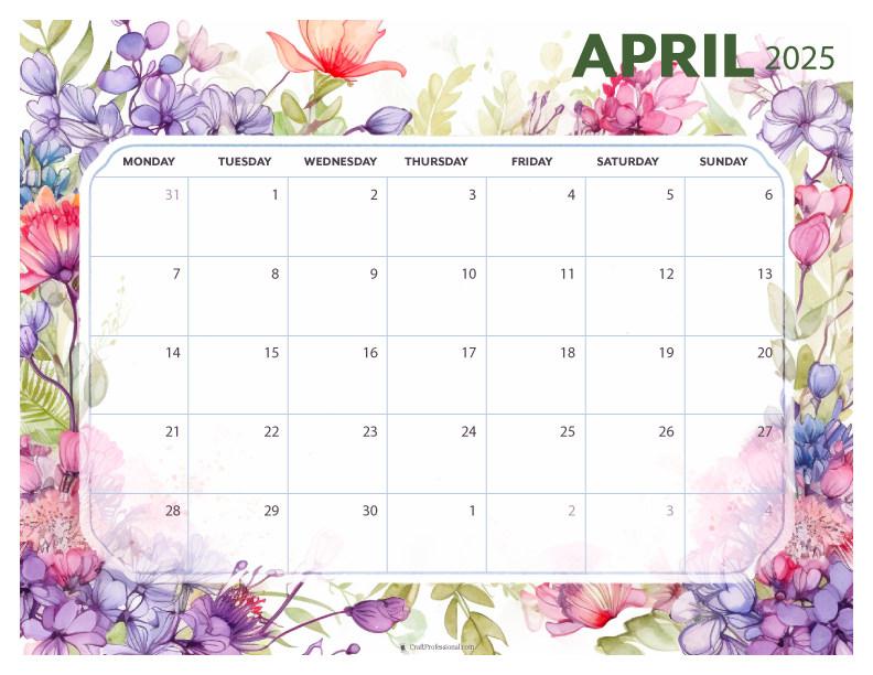 April 2025 printable calendar, Monday start, purple floral design