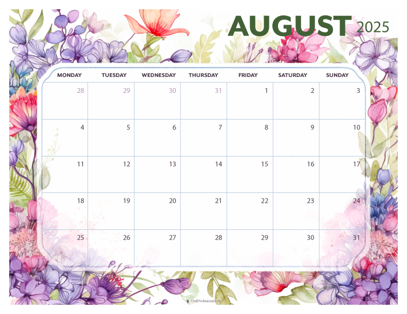 August 2025 printable calendar, Monday start, purple floral design