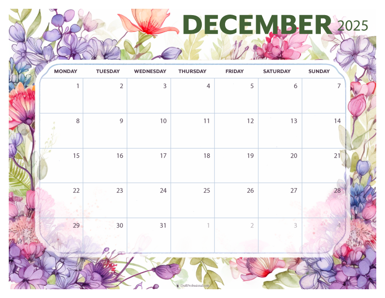 December 2025 printable calendar, Monday start, purple floral design