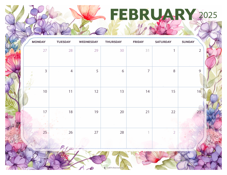 February 2025 printable calendar, Monday start, purple floral design