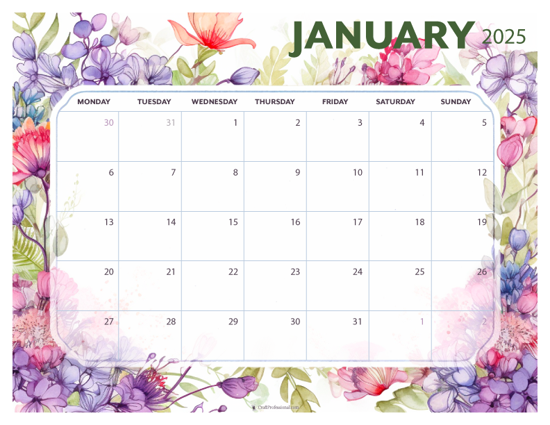 January 2025 printable calendar, Monday start, purple floral design
