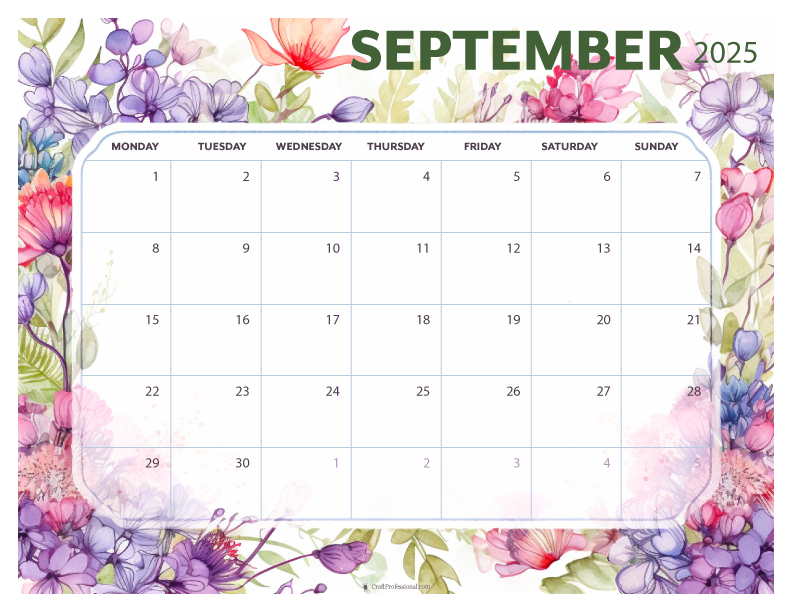 September 2025 printable calendar, Monday start, purple floral design