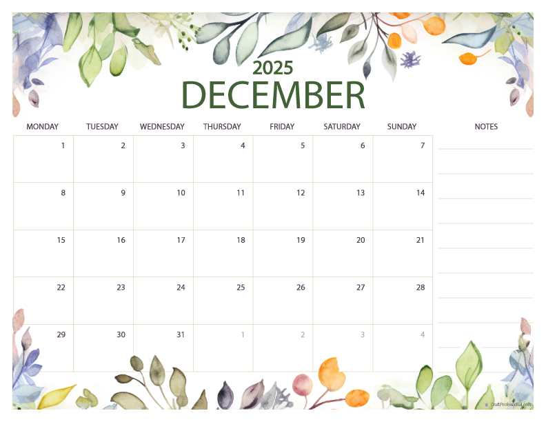 December 2025 printable calendar, Monday start, floral design with notes