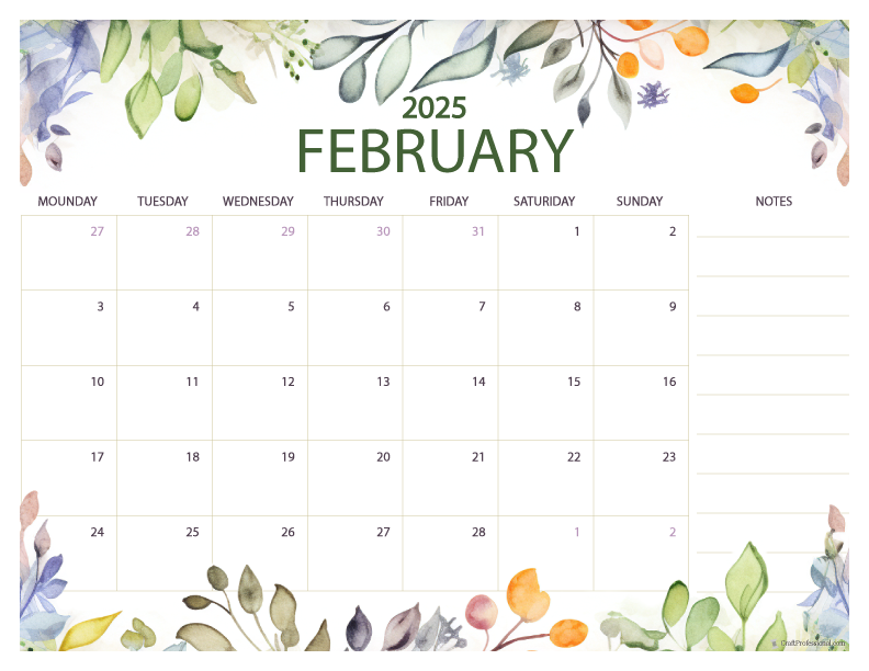 February 2025 printable calendar, Monday start, floral design with notes