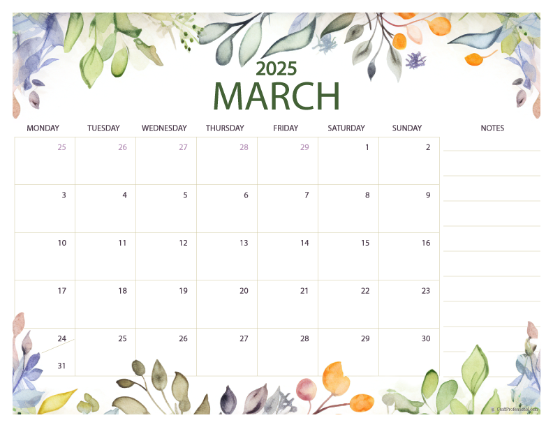 March 2025 printable calendar, Monday start, floral design with notes