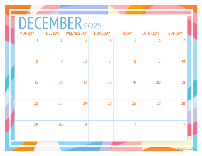 December 2025 printable calendar, Monday start, geometric design