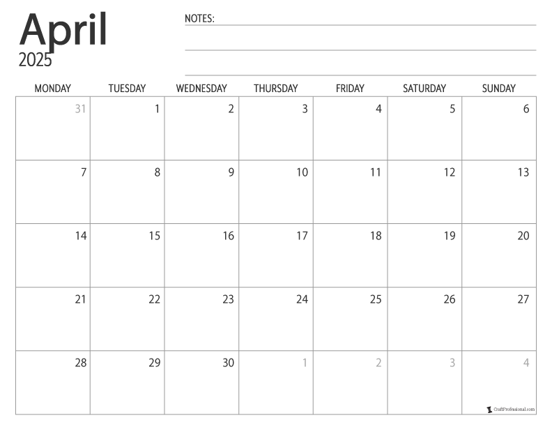 April 2025 printable calendar, Monday start, simple designs