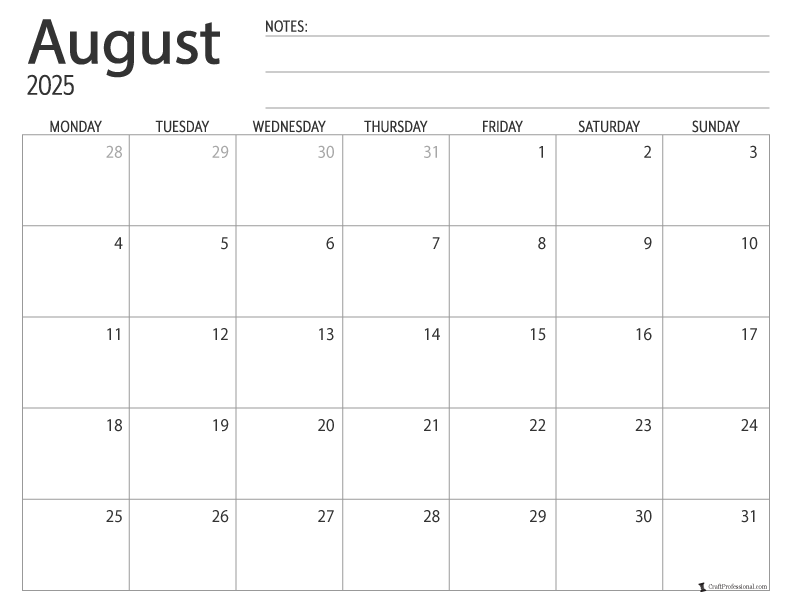 August 2025 printable calendar, Monday start, simple design
