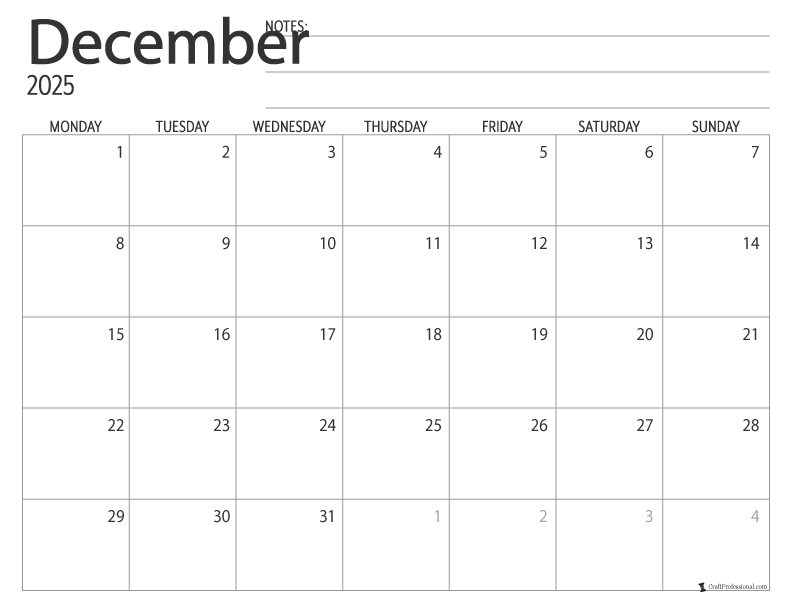 December 2025 printable calendar, Monday start, simple design