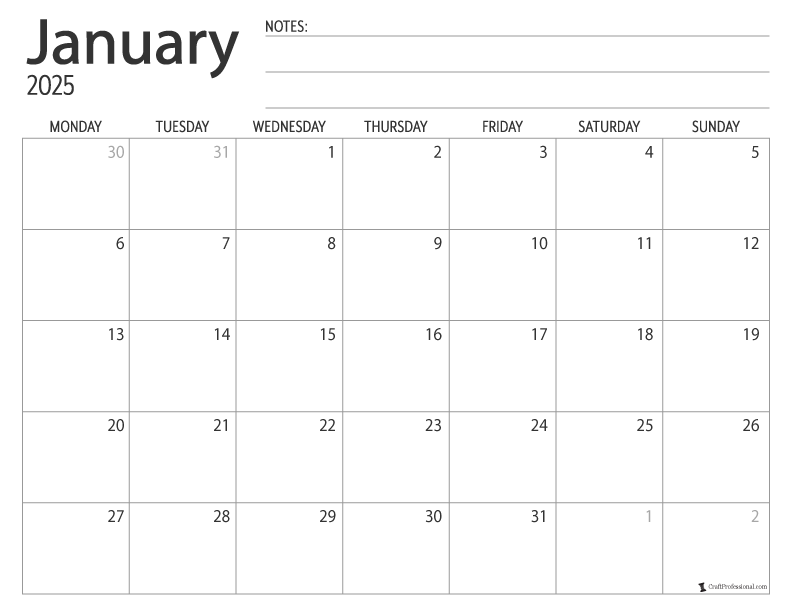 January 2025 printable calendar, Monday start, simple design