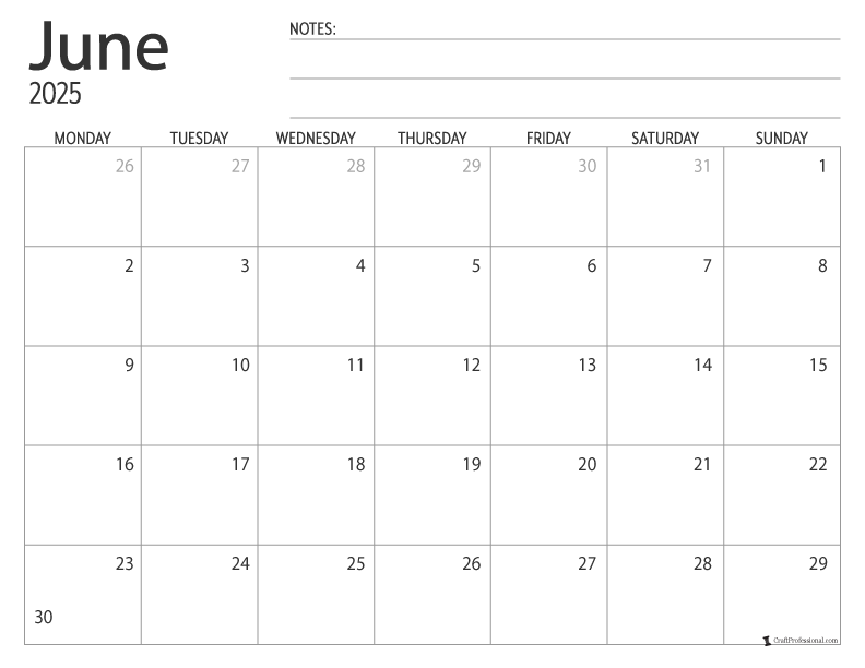 June 2025 printable calendar, Monday start, simple design