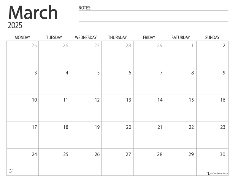 March 2025 printable calendar, Monday start, simple design