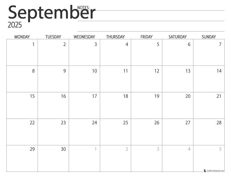 September 2025 printable calendar, Monday start, simple design