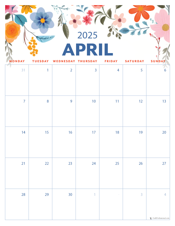 April 2025 printable calendar, Monday start, vertical folk art design