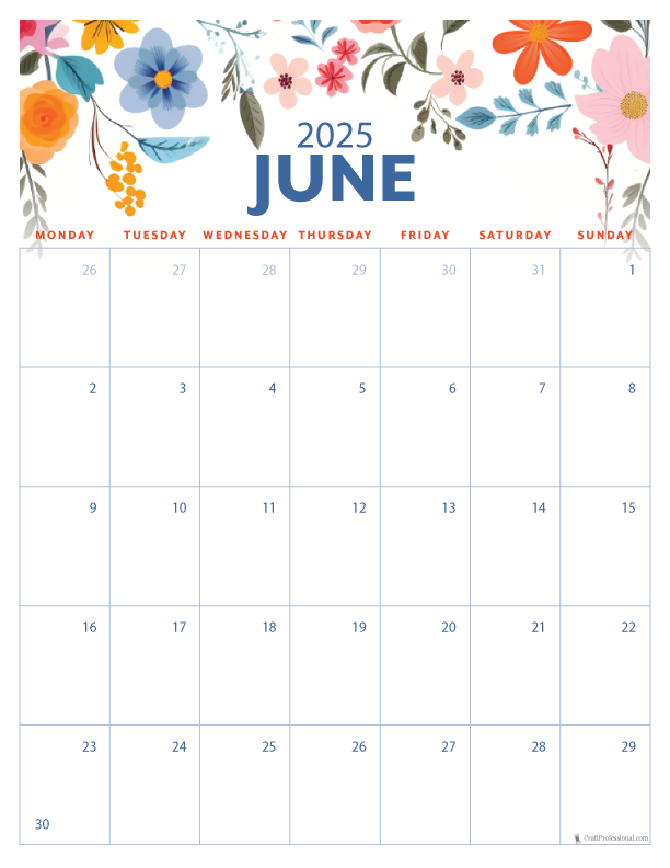 June 2025 printable calendar, Monday start, vertical floral design